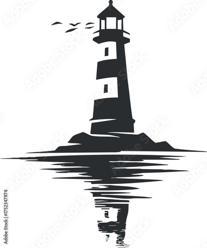 Silhouette of a lighthouse with birds flying above and reflection on calm waters.