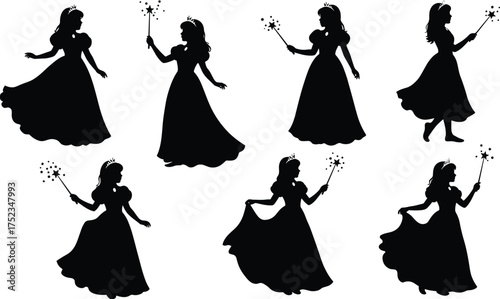 Set of Princess Silhouettes with Magic Wands, Elegant Fairytale Female Characters in Long Dresses and Crowns, Black Vector Icon Collection.