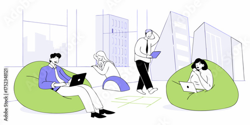 Creative Office Space Illustration Vector Coworking Lounge Relaxing Environment Teamwork Laptop Beanbag Chairs Modern Building Cityscape
