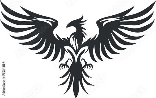 Black silhouette of a majestic phoenix with outstretched wings, symbolizing rebirth and power.