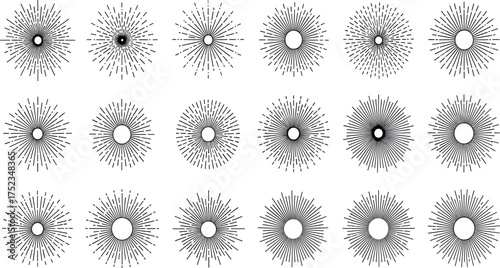 A diverse collection of abstract sunburst and starburst design elements, featuring geometric radial line patterns perfect for creating icons and logos