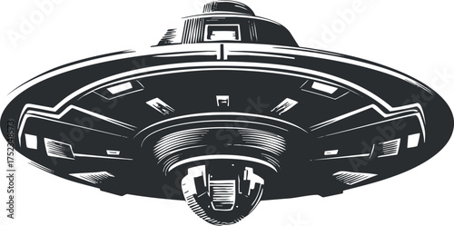 Black and white illustration of a UFO spaceship, depicting a flying saucer design.