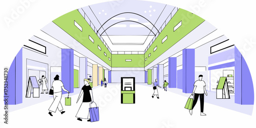 Contemporary Shopping Retail Environment with Glass Roof Skylight and Shoppers Commerce Retail Space Modern Commercial Area Consumer Activity Browsing Retail Destination