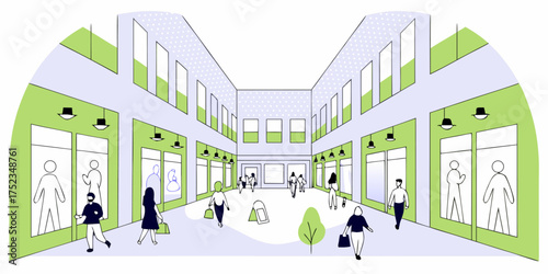Shopping Destination Indoor Retail Space Commerce Retail Environment with Stores Boutiques and Shoppers Browsing for Products Interior Commercial Area for Consumer Activity