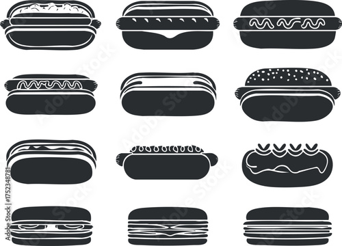 Silhouette illustration of various hotdog designs in black and white, showcasing different styles.