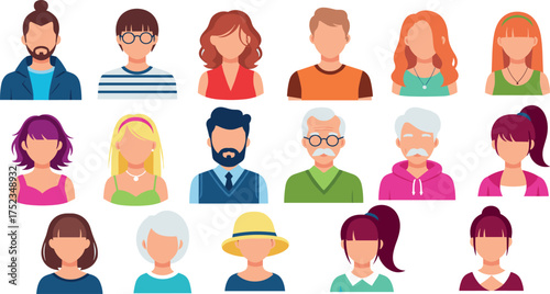 Diverse group of people avatars, representing various ages, genders, and styles for user profiles or social media
