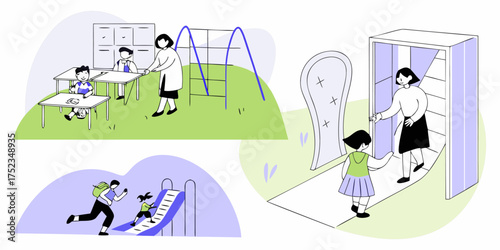 Illustration of Early Childhood Education Scenes Child at Desk Teacher on Playground Pupil Enters Room Playtime on Slide Cartoon Vector Isolated on White