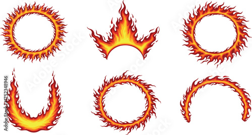 Collection of fiery circle frames and blazing decorative shapes. A vector set of hot, burning graphic elements representing energy and power