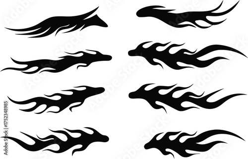Collection of eight dynamic black tribal flame and abstract animalistic silhouettes in motion
