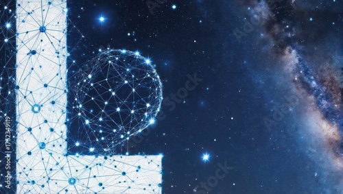Abstract digital graphic combining a letter, a sphere, and the backdrop of a starry, celestial expanse
