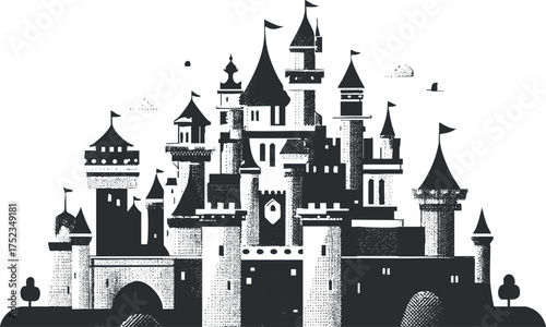 Black and white illustration of a fantasy castle with towers and battlements.
