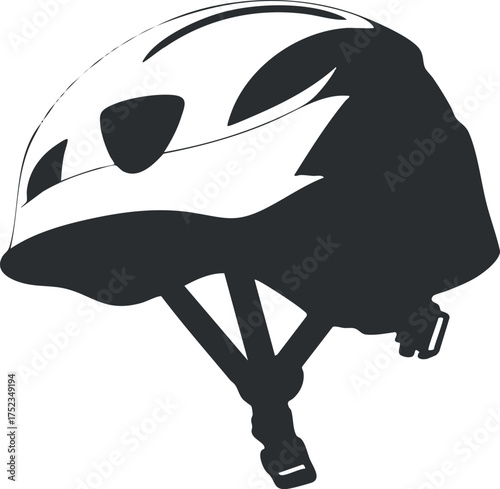 Black and white illustration of a bicycle helmet with straps for safety and protection.