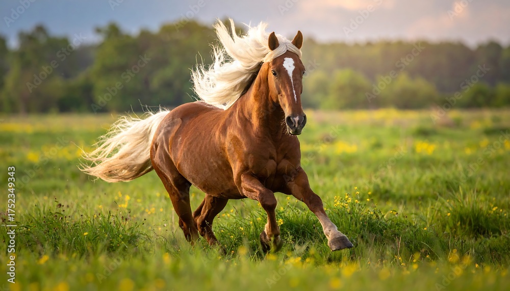 Obraz premium A majestic horse with a flowing blonde mane charges across a grassy meadow dotted with yellow wildflowers. The sun shines brightly in the background
