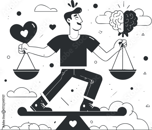 Illustration of a man balancing heart and brain on scales, symbolizing emotional and logical decisions.