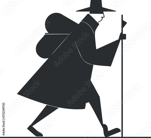 Silhouette of a traveler with backpack and walking stick, wearing a hat, in monochrome style.