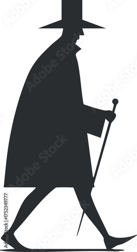 Silhouette of a gentleman in a top hat walking with a cane in vintage style.