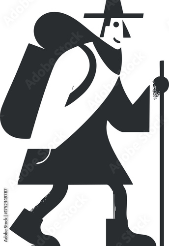 Minimalist silhouette illustration of a hiker with backpack and walking stick on an adventure.