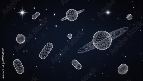 Abstract digital illustration of various celestial objects in a dark, starry cosmos