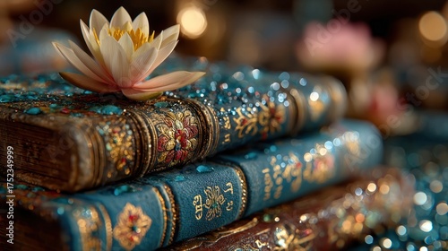 Abstract Indian education background with bokeh, books, lotus, Sanskrit script and cultural motifs
