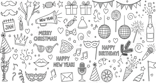 Hand-drawn doodle collection of festive celebration and party elements, featuring gifts, decorations, food, and greetings, perfect for holidays, birthdays, and New Year's