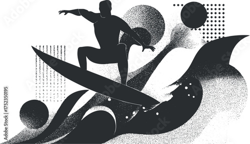Dynamic silhouette illustration of a surfer riding a wave in abstract black and white design.
