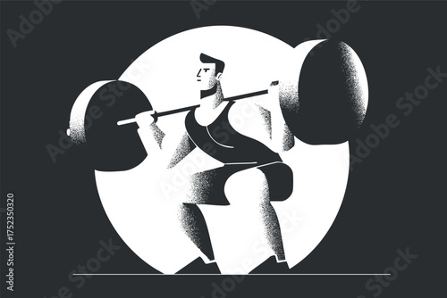 Stylized black and white illustration of a person weightlifting with a barbell in a circular frame.