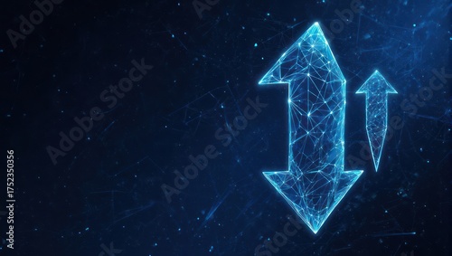 Abstract digital illustration showing two blue upward and downward arrows in a network grid