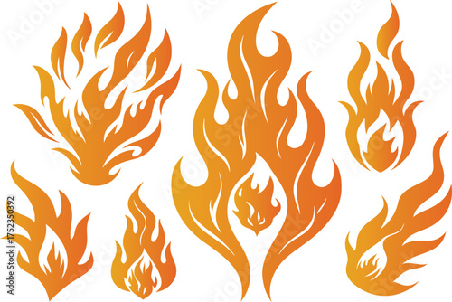Collection of stylized vibrant orange and yellow flames in various shapes and sizes on a white background
