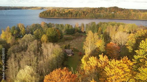 Aerial view of a lake surrounded by a colorful autumn forest, with golden, orange, and green trees glowing under a bright blue sky with scattered clouds.