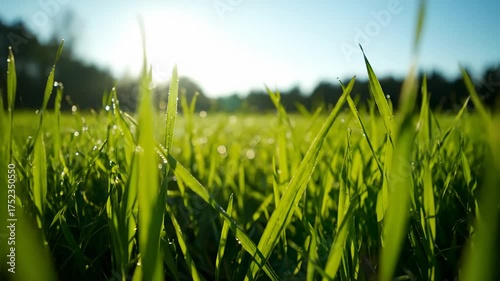 Close Up View of Fresh Green Grass Growing in the Field With Water Droplets on the Blades