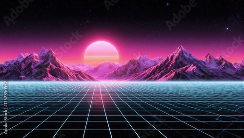 Abstract digital landscape of a retro sunset, mountains, and grid lines