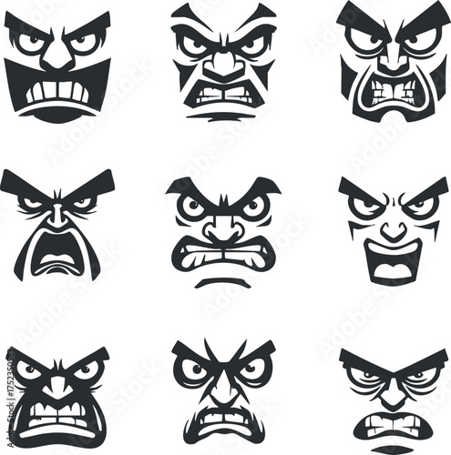 Collection of nine cartoon angry faces illustrating various expressions of rage and aggression.