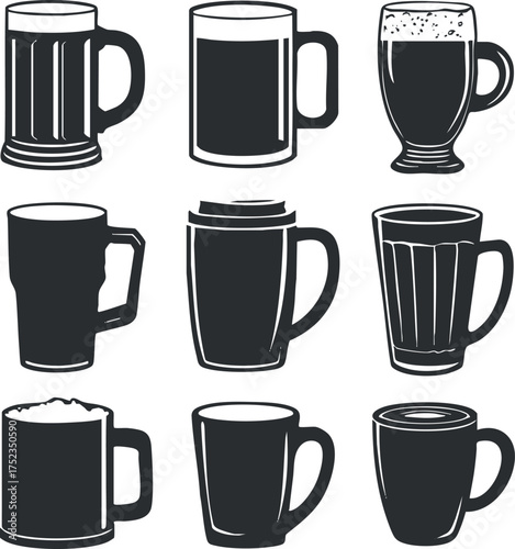 A collection of beer mug and glass icons in black and white silhouettes.