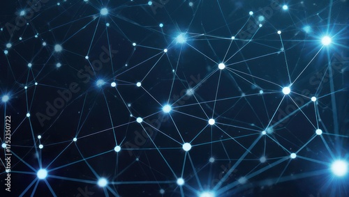 Abstract digital network with glowing nodes and connecting lines on dark blue background