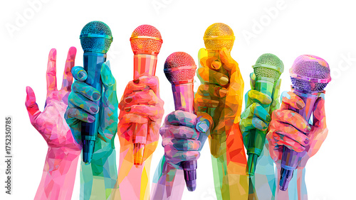 ia generated. Many hands holding colorful microphones for a press conference or interview. Isolated on transparent background, png
