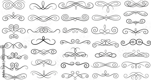 Collection of ornate calligraphic dividers and vintage filigree flourishes. Vector set of elegant scroll decorations for invitations and certificates