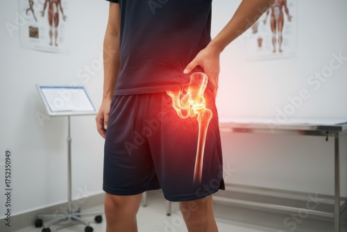 Young adult male with hip pain in medical clinic setting.