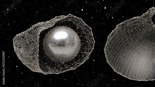 Abstract digital rendering of spheres enclosed in a network, set against a starry background