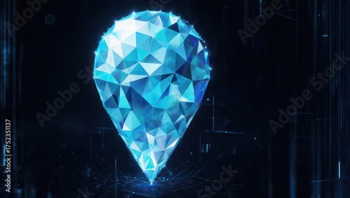 Abstract, digital representation of a crystalline, blue, polygonal drop, on a techy, dark background