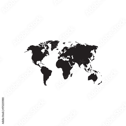 Vector art of world map a simple black silhouette of the continents, showcasing geography and global awareness ideal for educational materials, travel themes, and minimalist designs