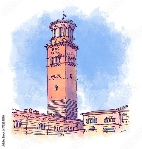 Architecture sketch illustration. An urban colorful landscape of Verona, northern Italy,. Freehand digital drawing of featuring a tall bell tower. Hand drawn travel postcard. Watercolor background