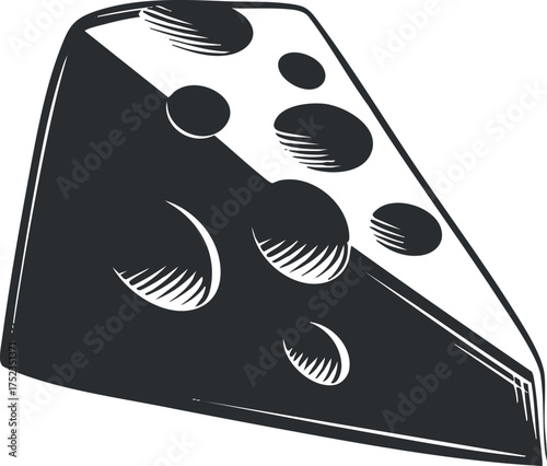 Black and white illustration of a cheese wedge with holes, showcasing a classic design.