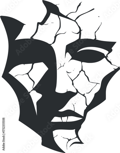 Abstract illustration of a cracked theatrical mask symbolizing emotion and identity in black and white.