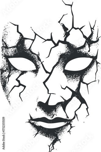 Abstract cracked mask design in black and white, conveying mystery and surreal expression.