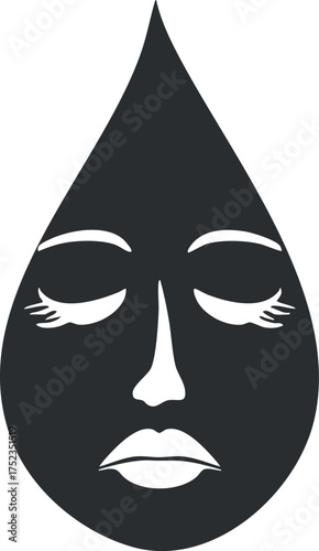 Abstract minimalist face silhouette in black and white with a teardrop shape design.