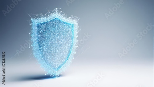 Abstract digital shield composed of interconnected points, symbolizing protection on a gray background