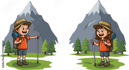 Children hiking adventure, cartoon kids trekking, outdoor exploration illustration, mountain landscape drawing, camping lifestyle art, nature travel concept, happy explorers artwork