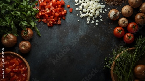 Red and black peppercorns and various spices are seasonally arranged with a green pine branch and red berries for a festive holiday decoration