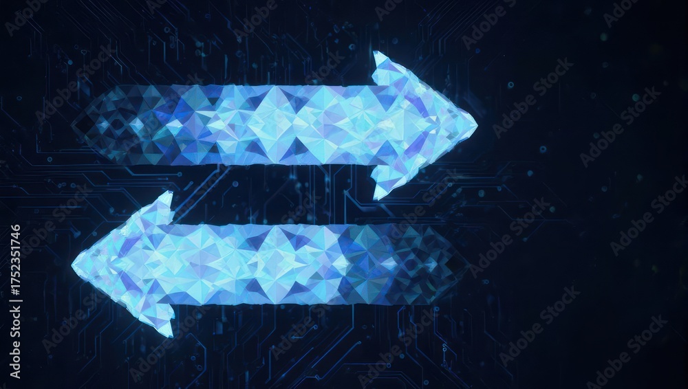 Abstract, digitally rendered arrows, light blue and geometric, on a dark blue circuit board background