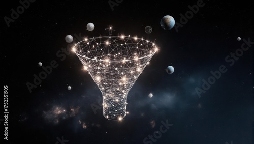 Abstract funnel in space, adorned with glowing nodes, amidst celestial bodies, representing data flow or cosmic energy